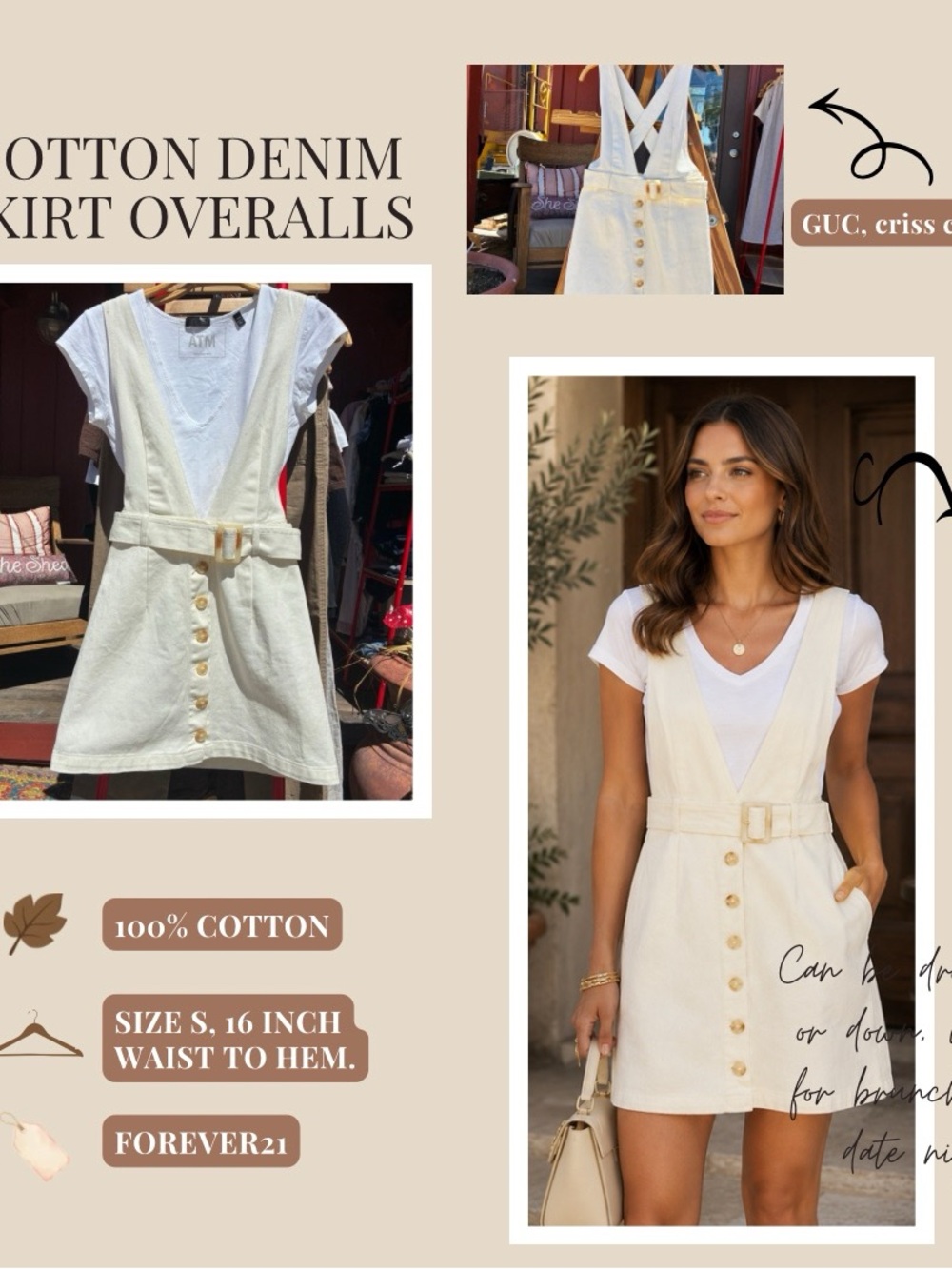 Forever 21 Cream Cotton Denim Skirt Overalls Dress